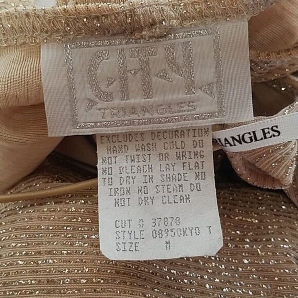 80s Vintage City Triangles Gold Metallic Knit Strappy Backless Slit Maxi Dress M - Picture 12 of 14